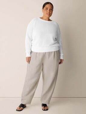 Eileen Fisher Linen Lantern Pants Oatmeal Beige Elastic Waist Tapered Leg Womens